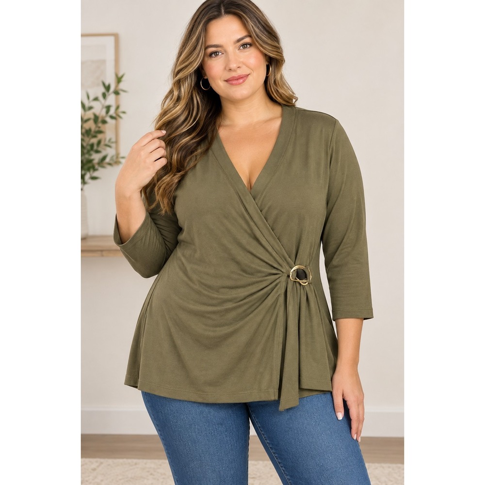 NWT Lauren Ralph Lauren Olive Green Ring Faux Wrap Top Sz 1X 3/4 Sleeve Stretch
